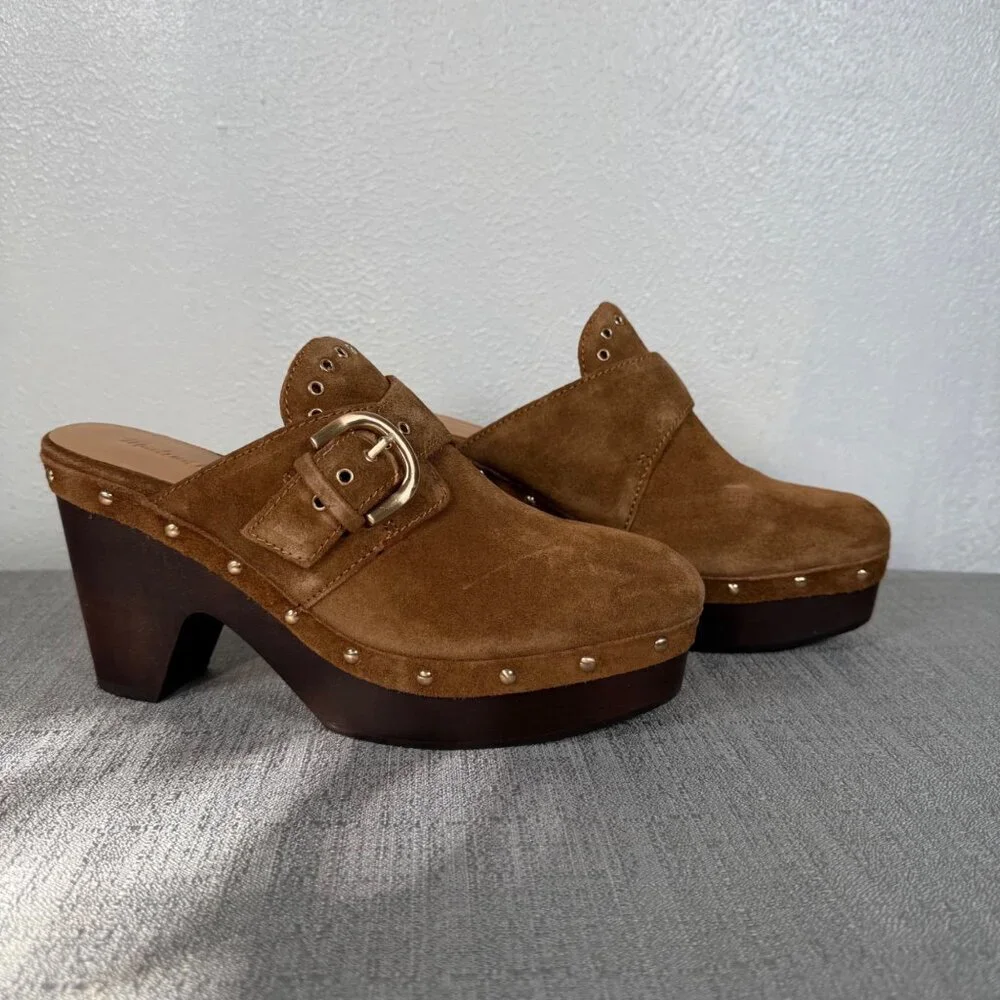 Madewell The Wes Buckle-Strap Clog Brown Suede Gold Studded Heels Platform 7
